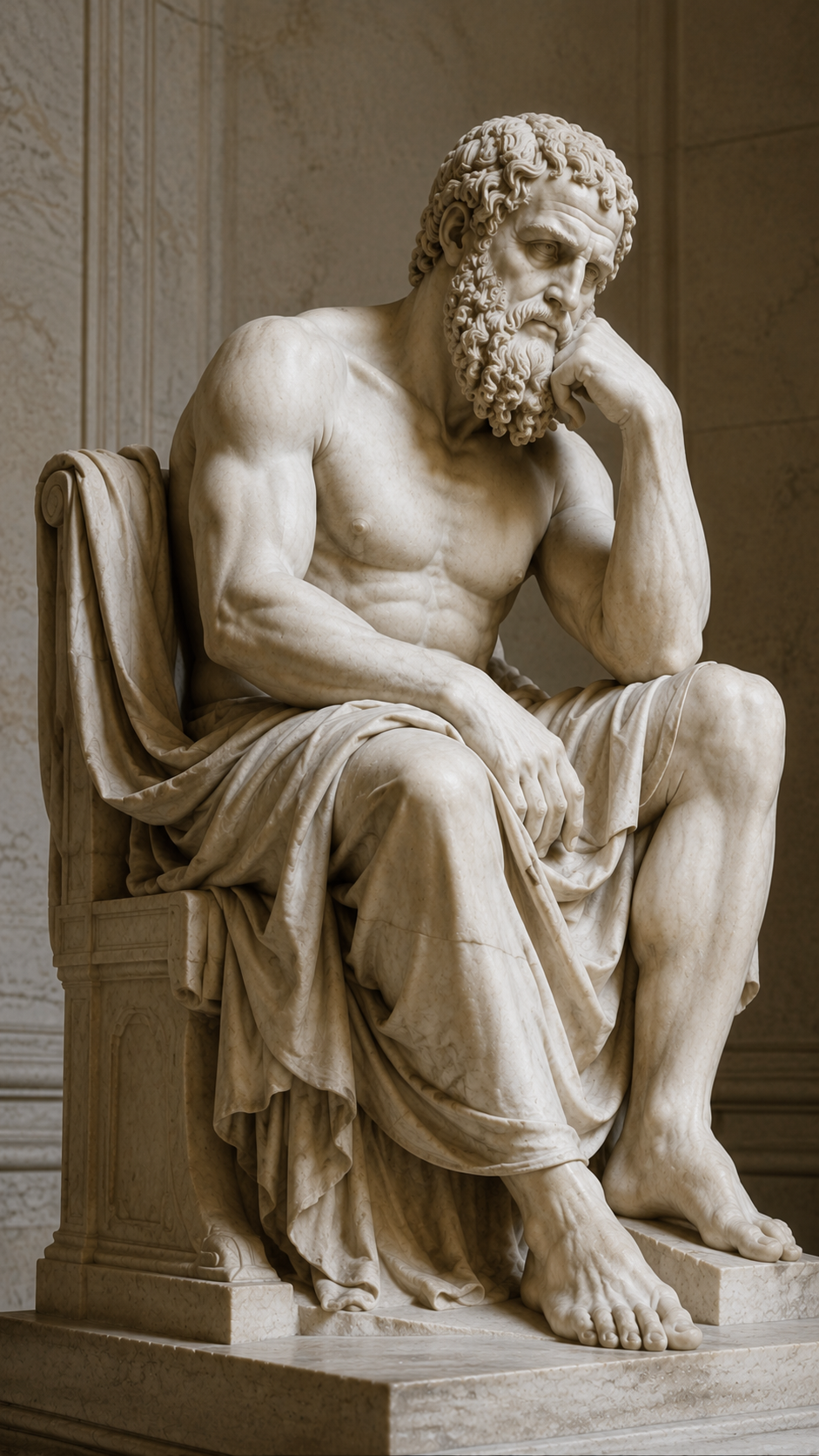 Escultura clássica em mármore representando reflexão estratégica